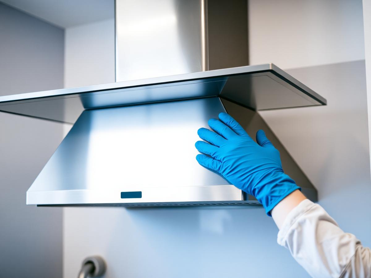 Technician cleaning a stainless steel kitchen chimney