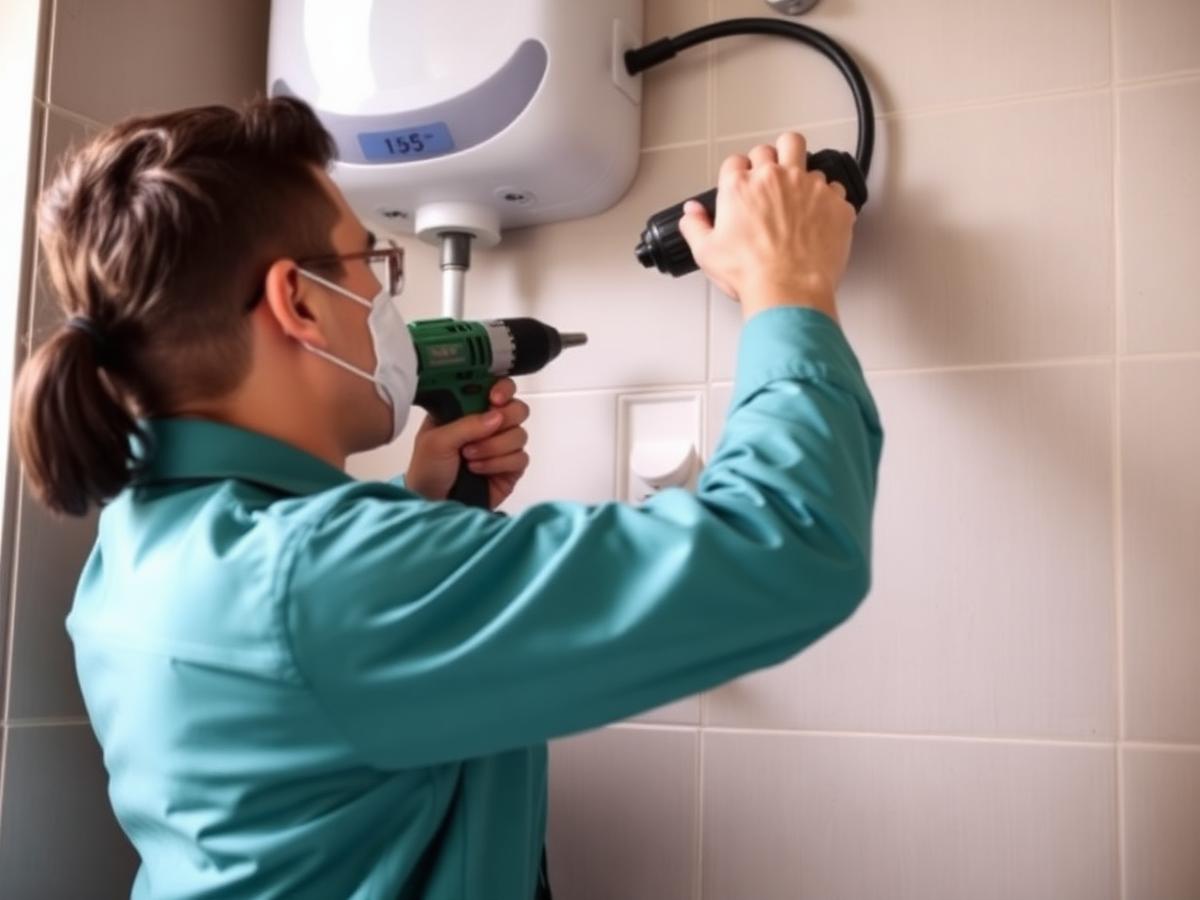 Technician mounting an electric water geyser on a bathroom wall
