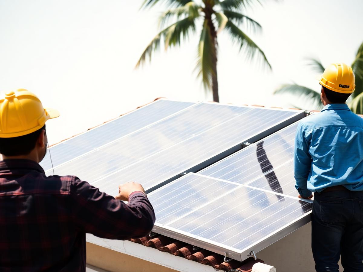 Technicians installing solar water heater panels on a rooftop