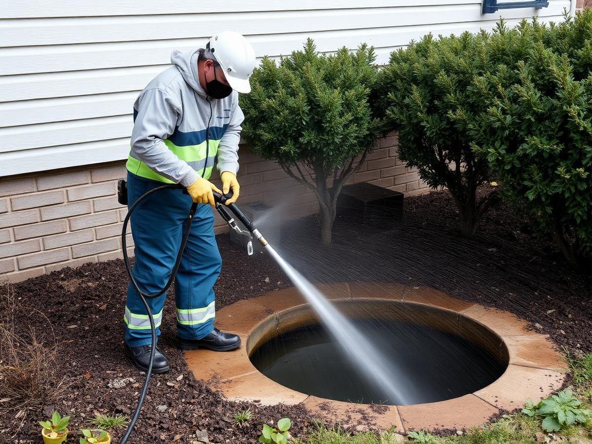 Worker pressure-washing a residential water sump