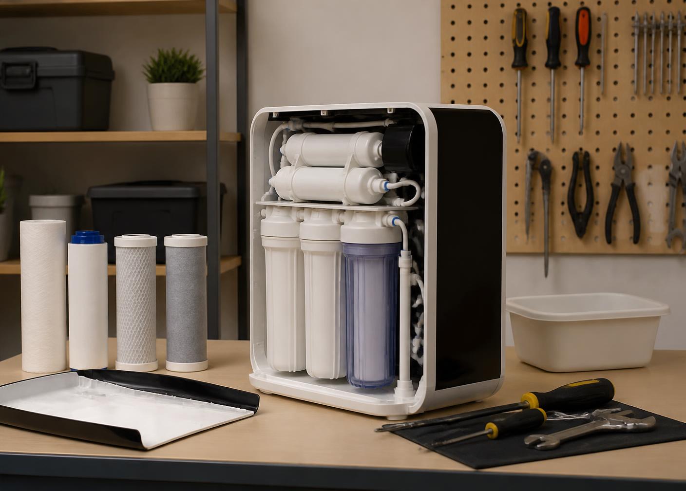Appliance service workbench with tools and replacement water filter cartridges