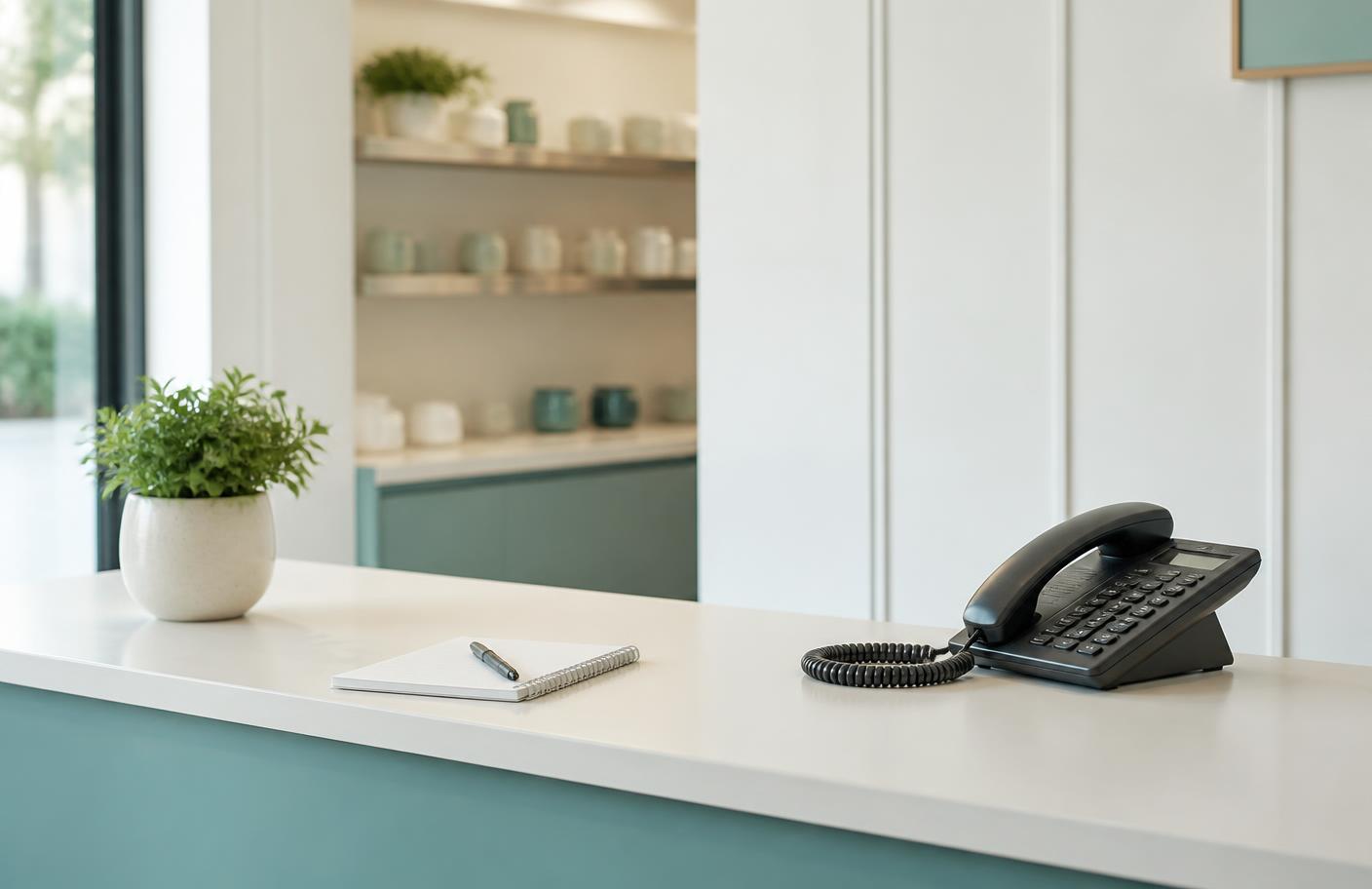 Tidy shop front desk with a telephone and notepad