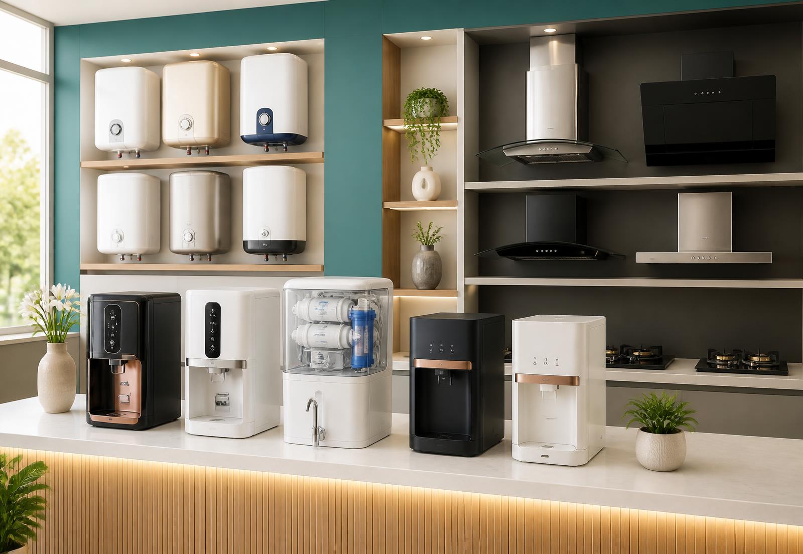 Water purifiers, geysers and kitchen chimneys displayed on a clean showroom counter