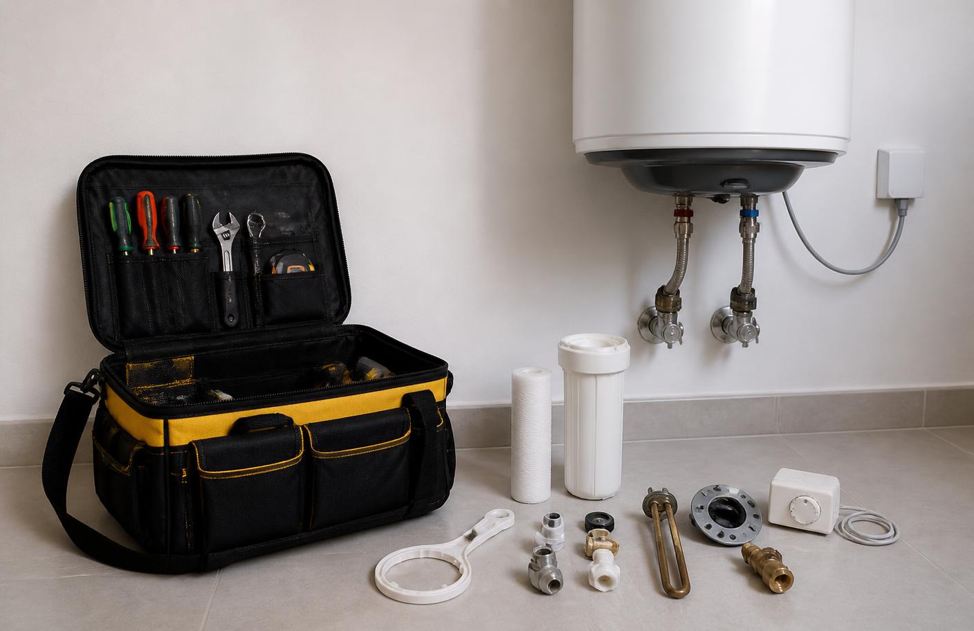 Technician toolkit and spare parts laid out ready for a service visit
